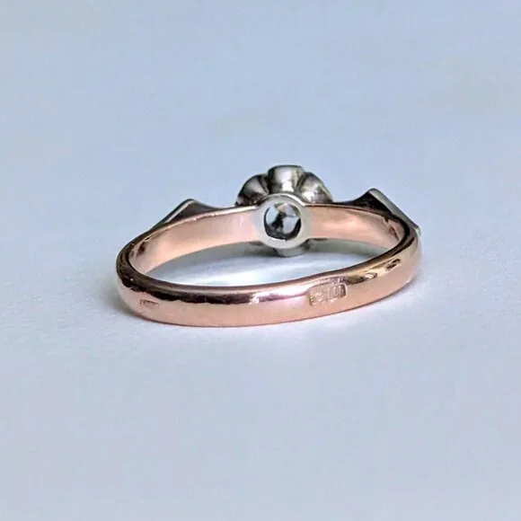 Vintage Russian USSR Solid 14K 585 Rose Pink White Gold Diamond Buttercup Ring